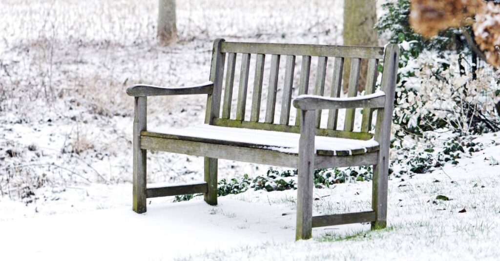 zima w ogrodzie zaśnieżona ławka
